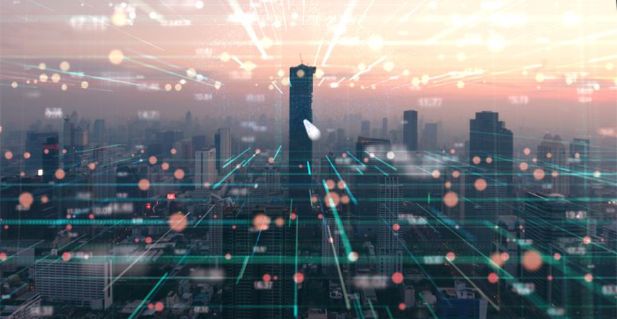 visual of data transferring over top of large city